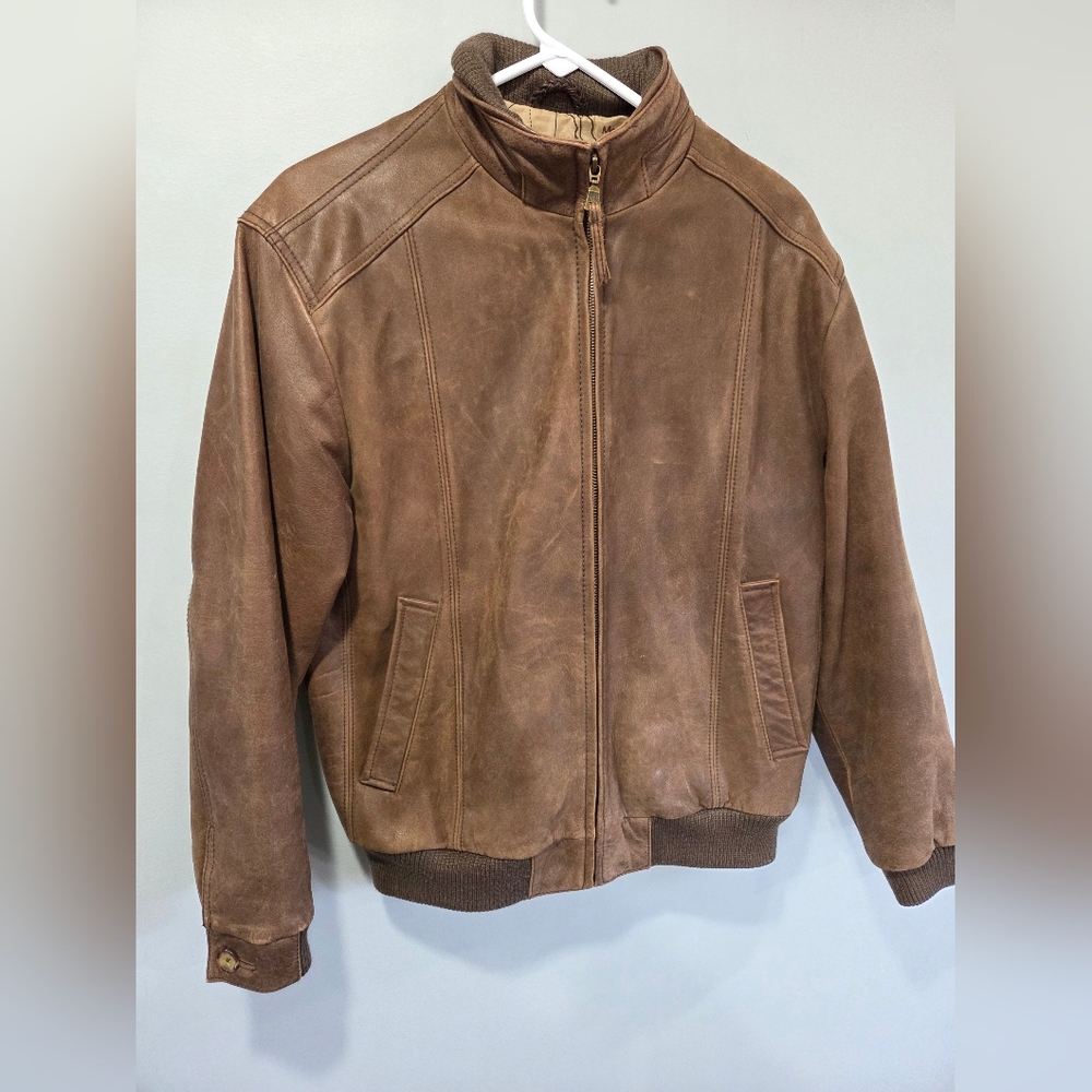 Mens Medium Brown Leather JOS A BANK BOMBER JACKET